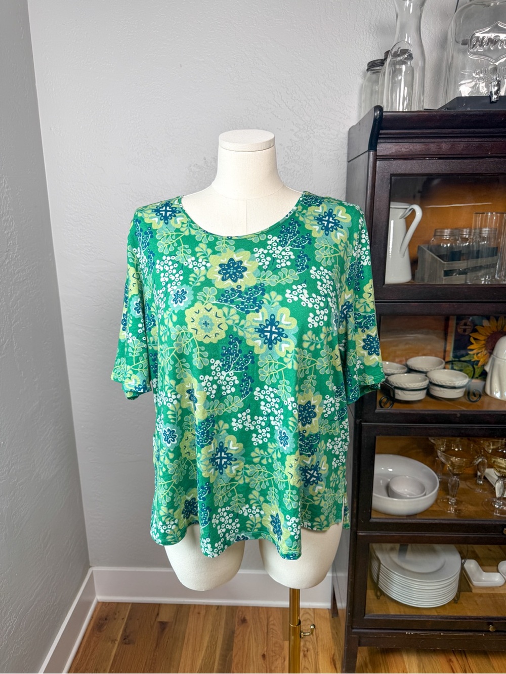 Gudrun Sjoden Green Floral Organic Cotton Tunic Top Portugal Size XL